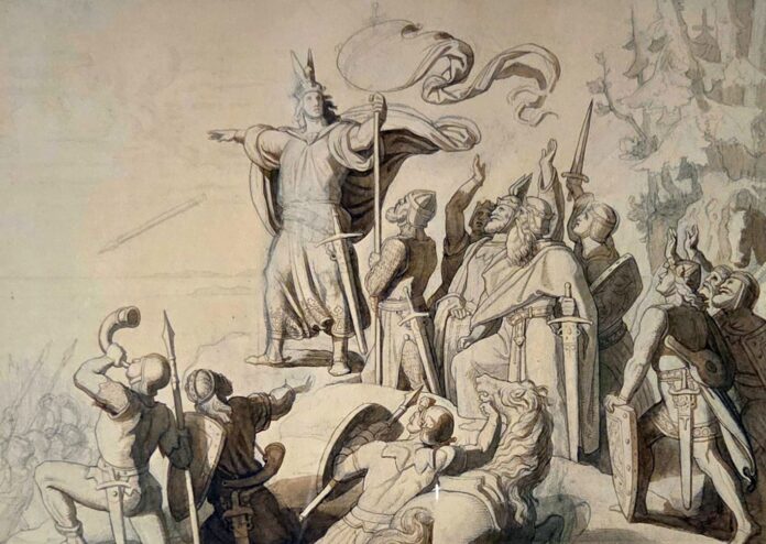 Historienzeichnung von Anton Dietrich (1864): Otto I. „der Große“ (reg. 936-973) wirft der Legende nach an der Nordspitze Dänemarks seinen Speer ins Meer, um die Grenze seines Reiches zu markieren. Im 19. Jahrhundert galt er als Begründer Deutschlands als Sieger über die Ungarn auf dem Lechfeld (955).